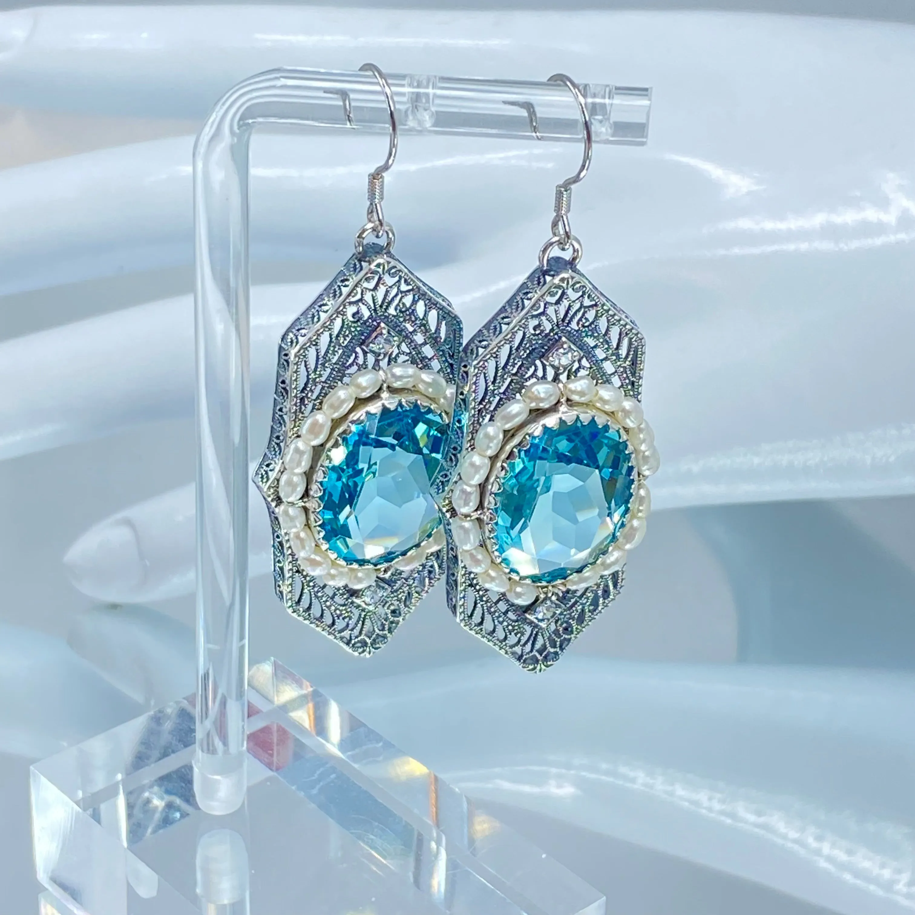 Aquamarine Jewelry Set, Oval Art Deco Set includes Earrings & Pendant #S156
