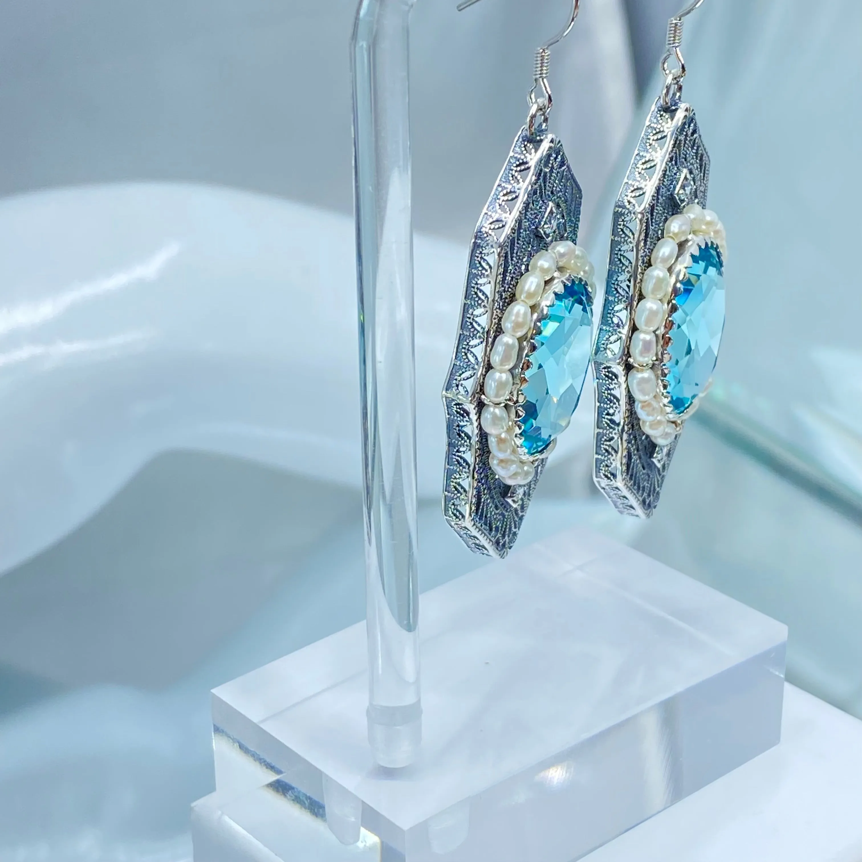 Aquamarine Jewelry Set, Oval Art Deco Set includes Earrings & Pendant #S156