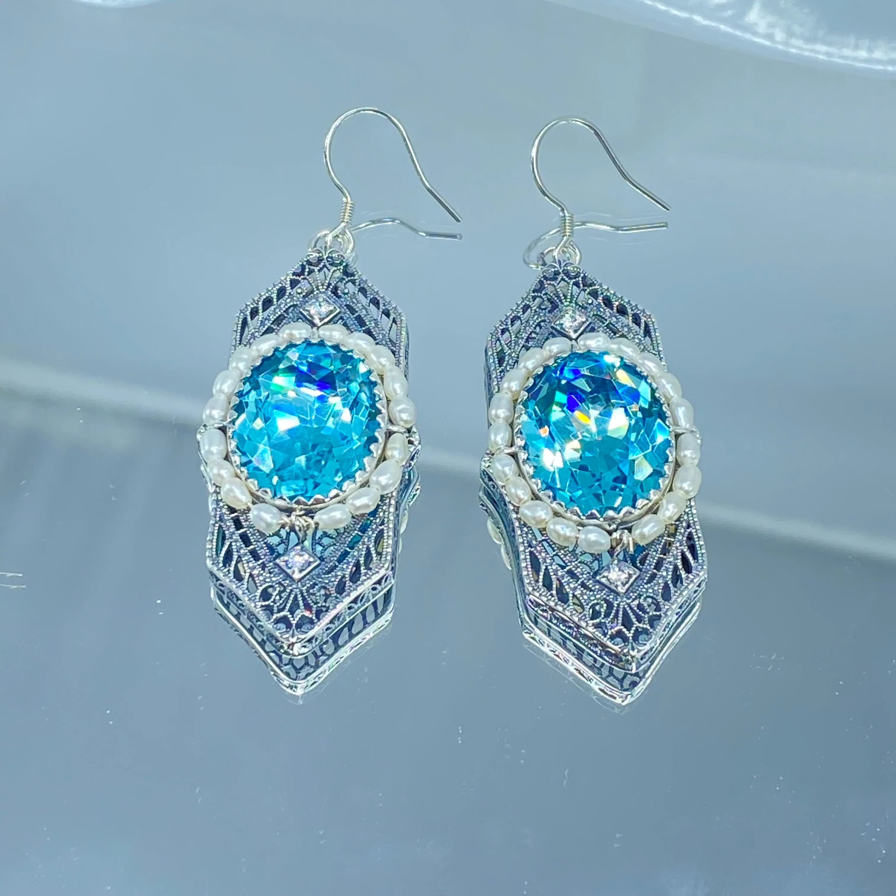 Aquamarine Jewelry Set, Oval Art Deco Set includes Earrings & Pendant #S156