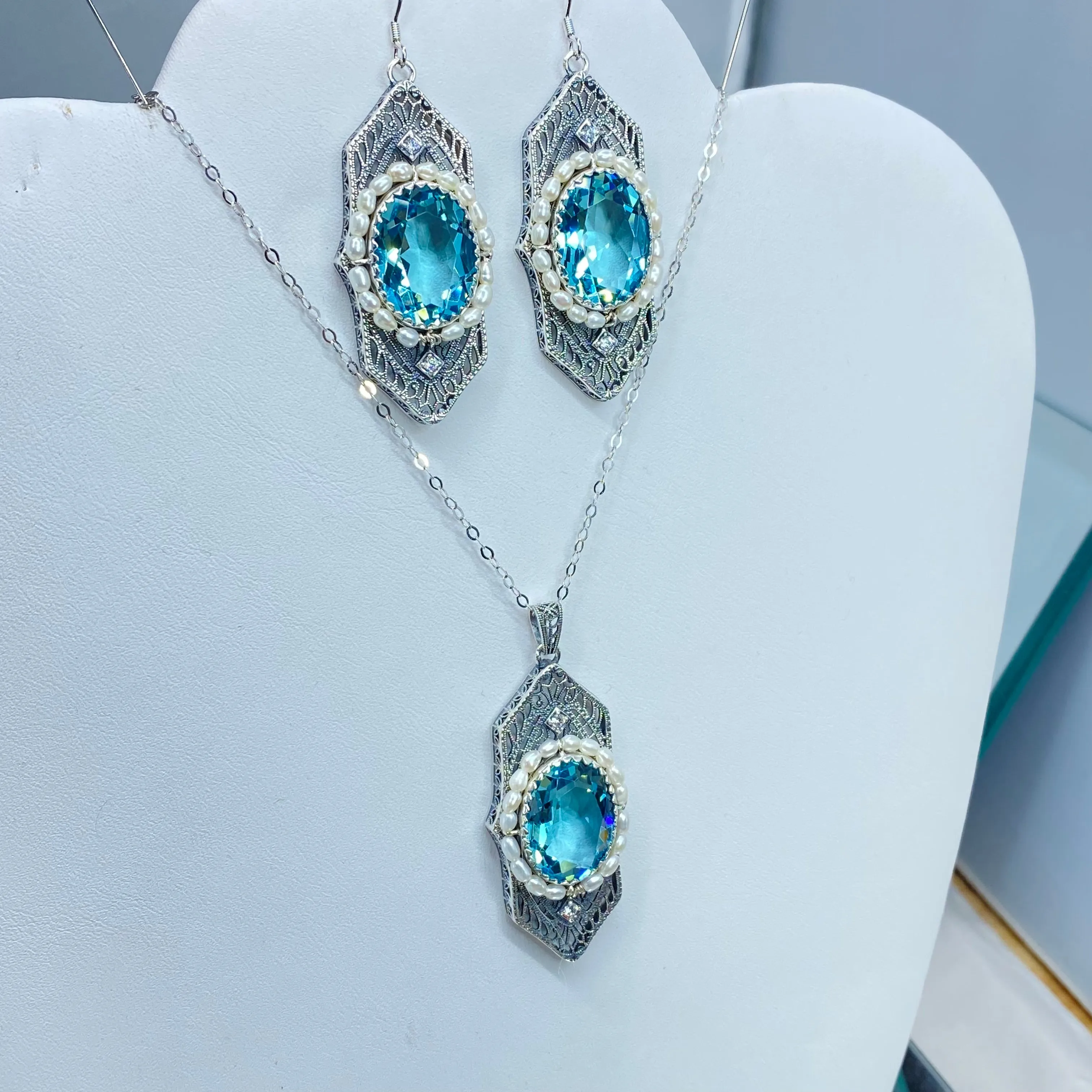 Aquamarine Jewelry Set, Oval Art Deco Set includes Earrings & Pendant #S156
