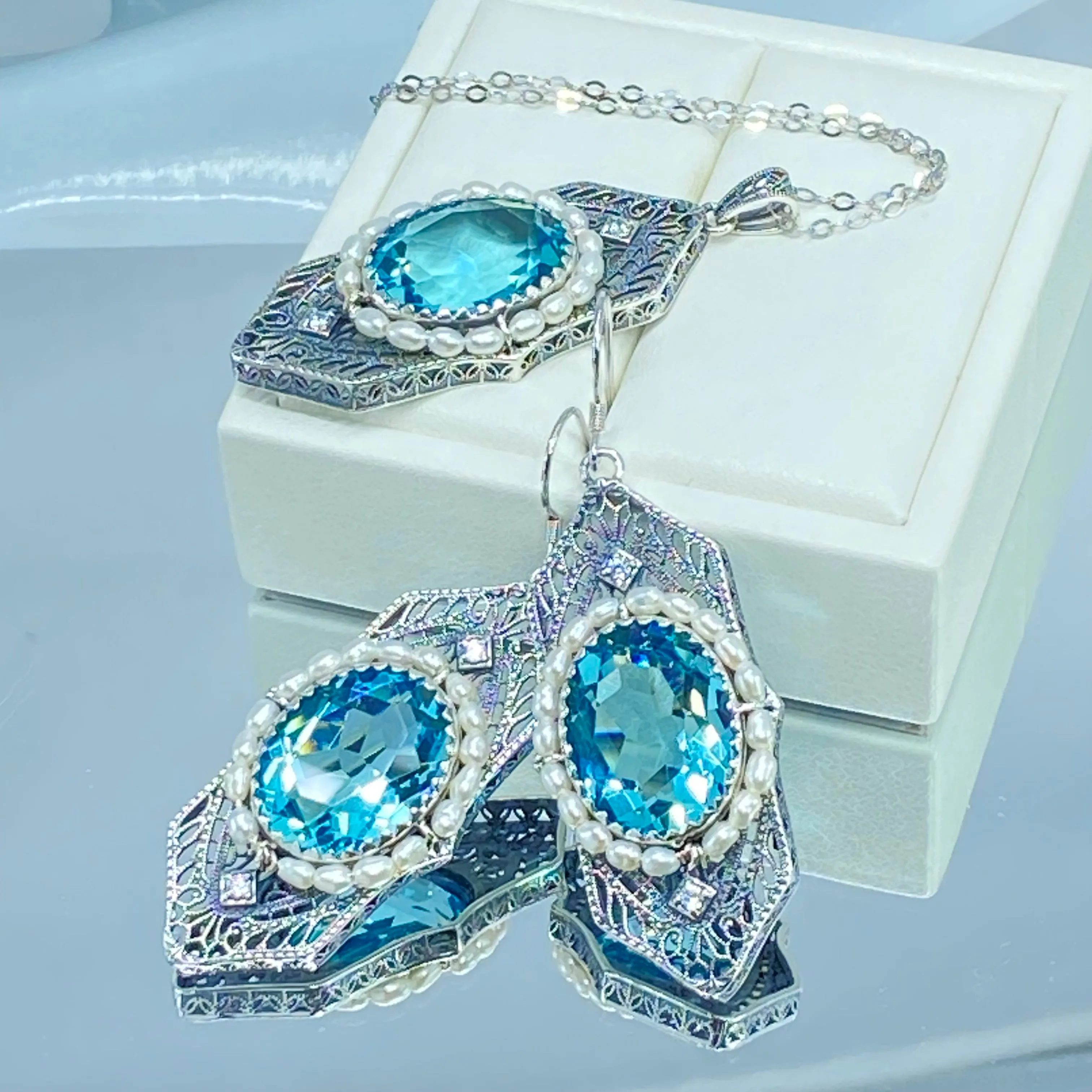Aquamarine Jewelry Set, Oval Art Deco Set includes Earrings & Pendant #S156
