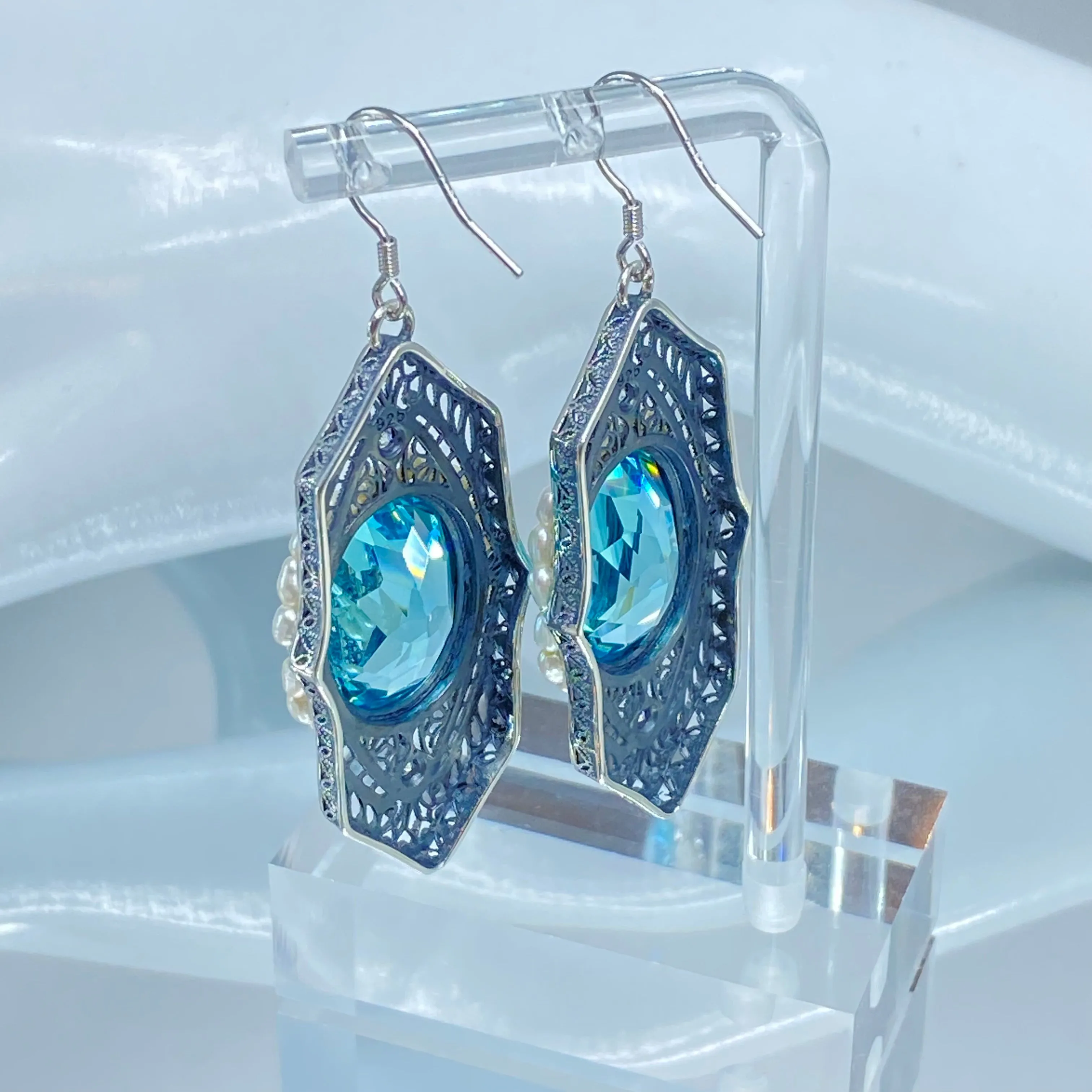 Aquamarine Jewelry Set, Oval Art Deco Set includes Earrings & Pendant #S156