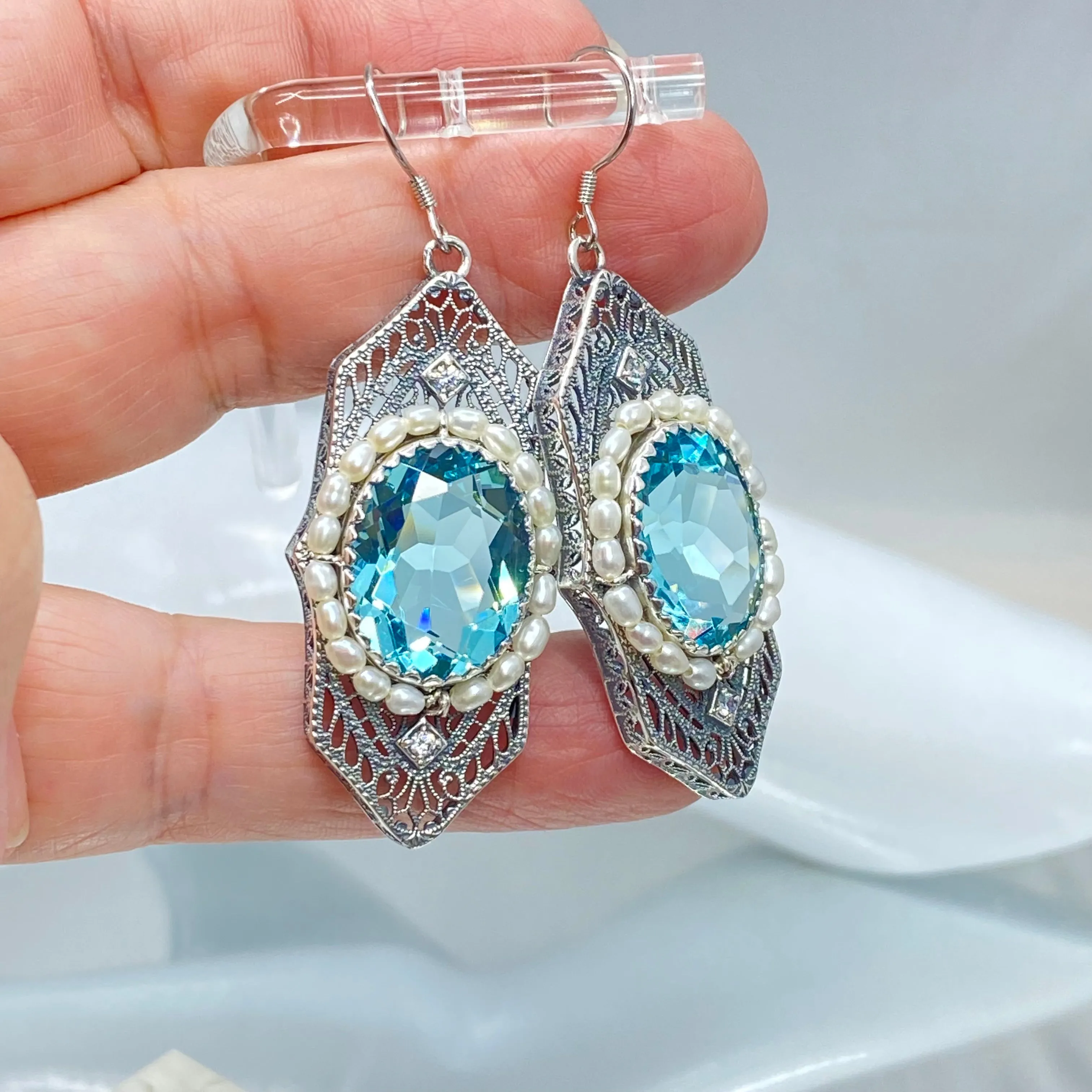Aquamarine Jewelry Set, Oval Art Deco Set includes Earrings & Pendant #S156