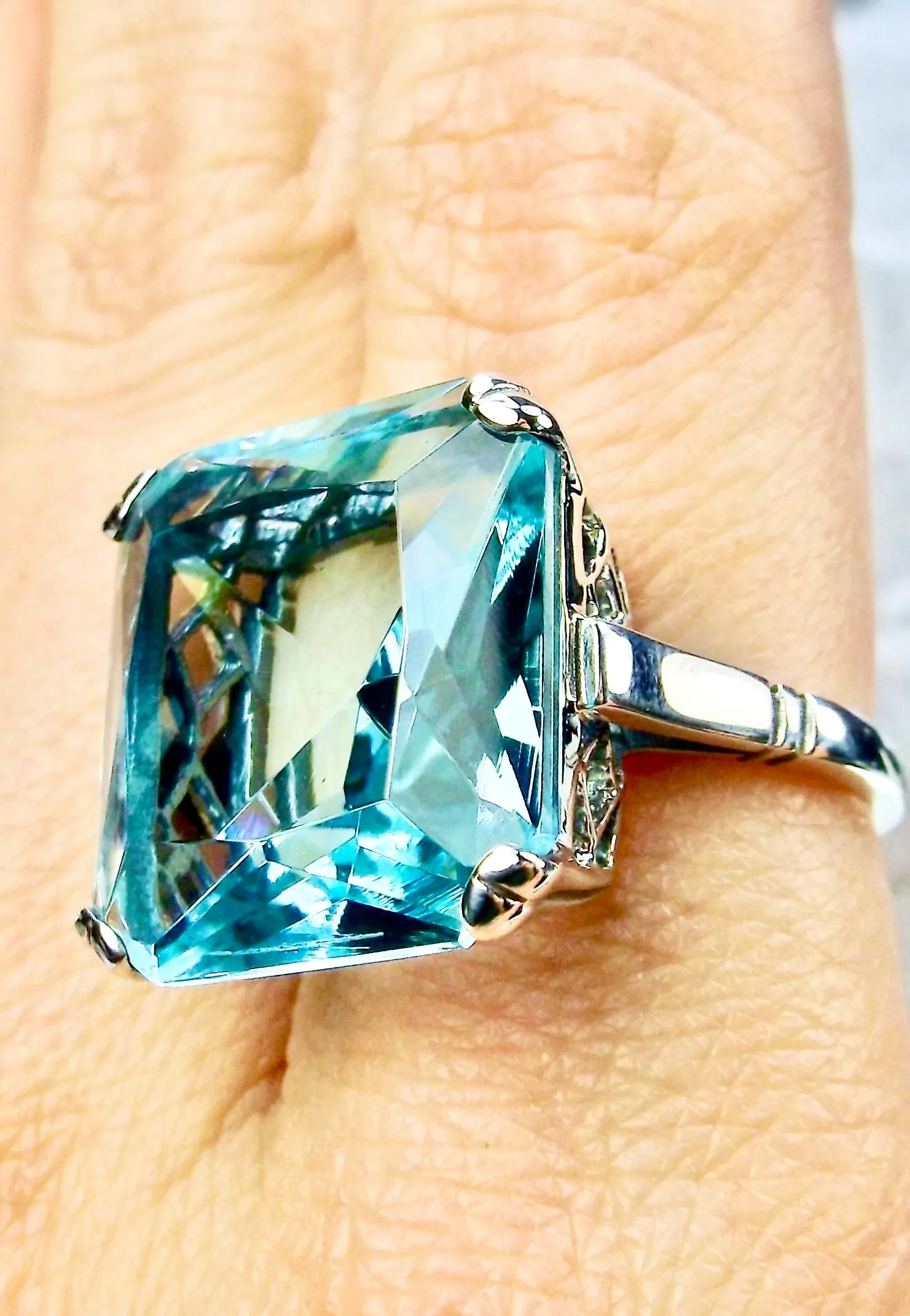 Aquamarine Ring, 20ct Big Huge Square Gem, Vintage Jewelry #D1
