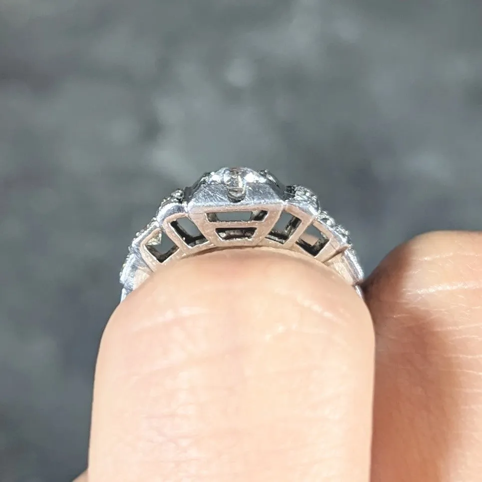 Art Deco 0.50 CTW Old European Cut Diamond Platinum Stepped Engagement Ring