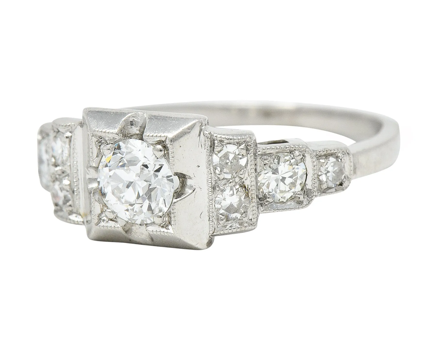 Art Deco 0.50 CTW Old European Cut Diamond Platinum Stepped Engagement Ring