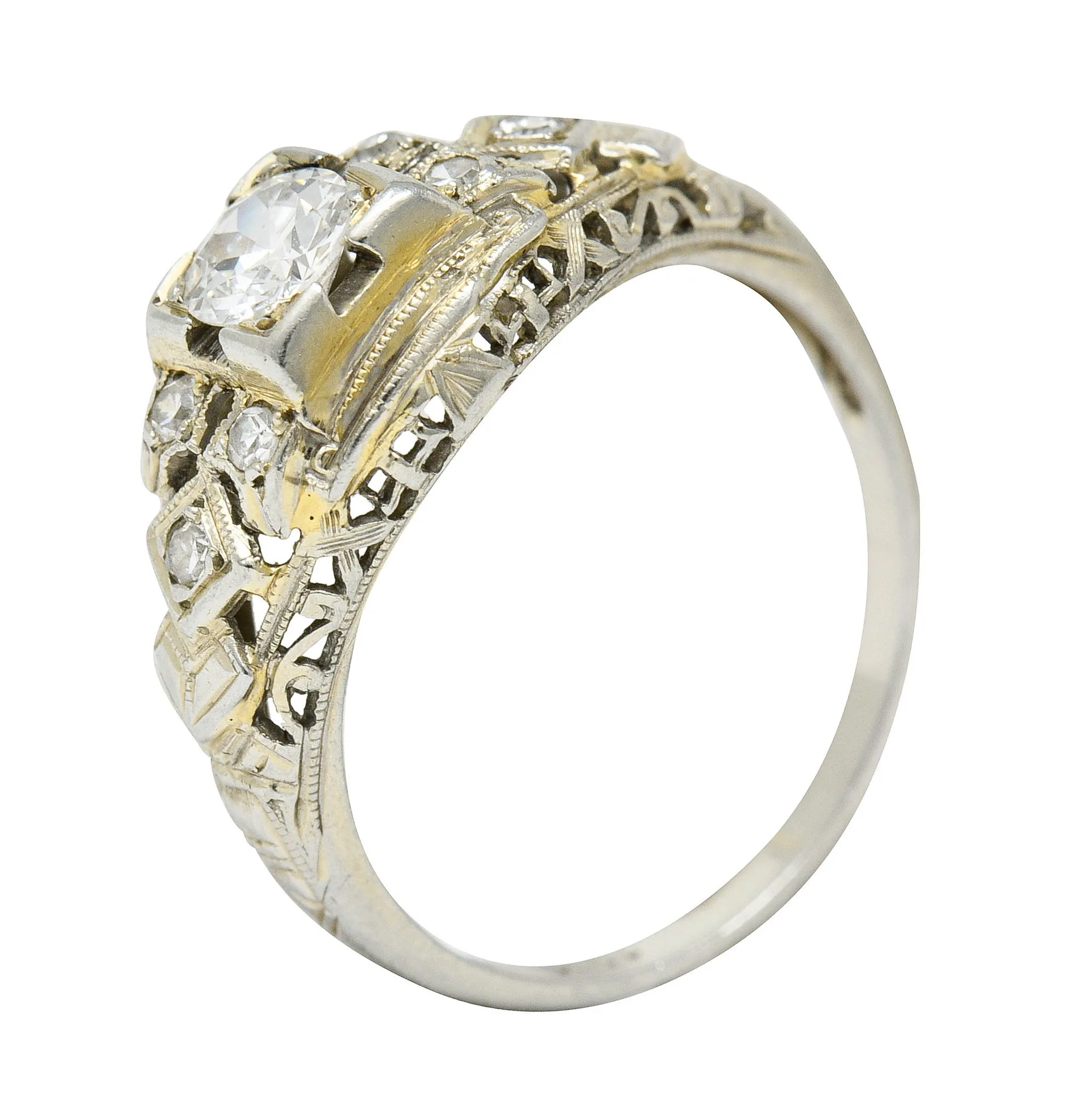 Art Deco 0.55 CTW Diamond 18 Karat White Gold Geometric Engagement Ring