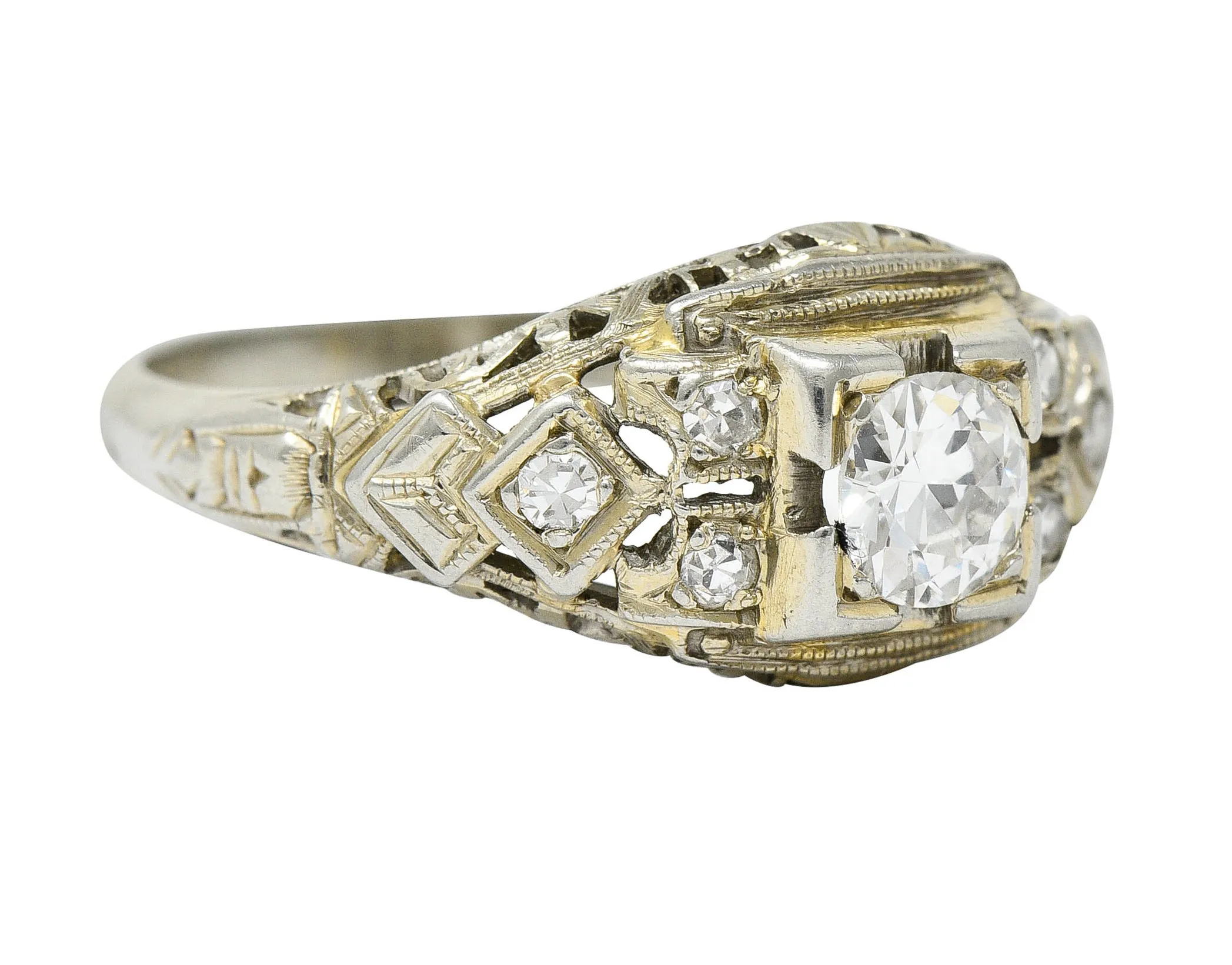 Art Deco 0.55 CTW Diamond 18 Karat White Gold Geometric Engagement Ring