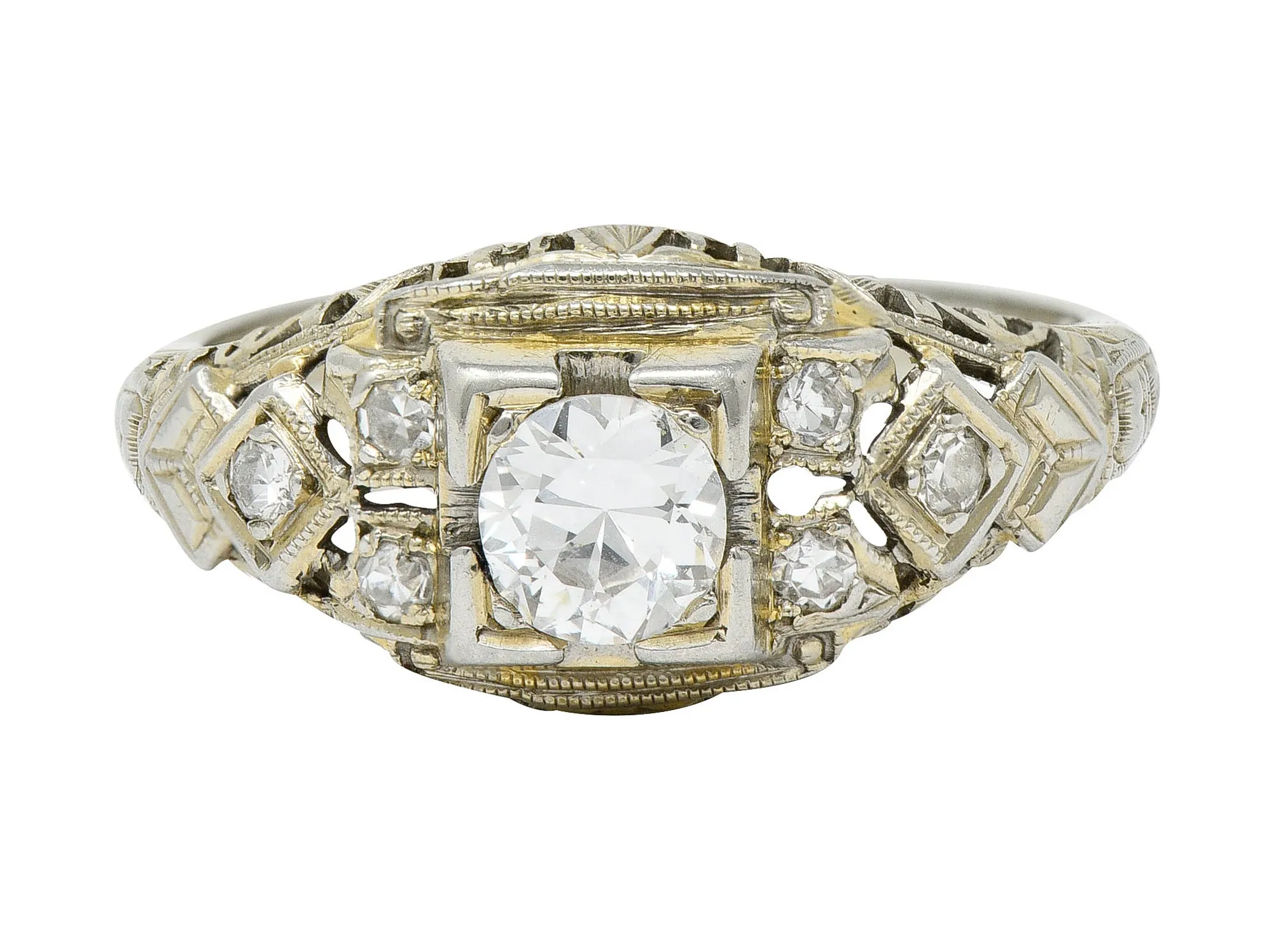 Art Deco 0.55 CTW Diamond 18 Karat White Gold Geometric Engagement Ring