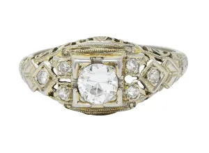 Art Deco 0.55 CTW Diamond 18 Karat White Gold Geometric Engagement Ring