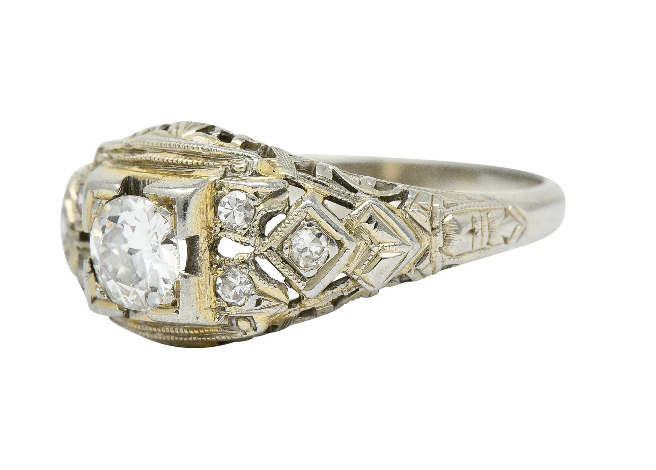 Art Deco 0.55 CTW Diamond 18 Karat White Gold Geometric Engagement Ring