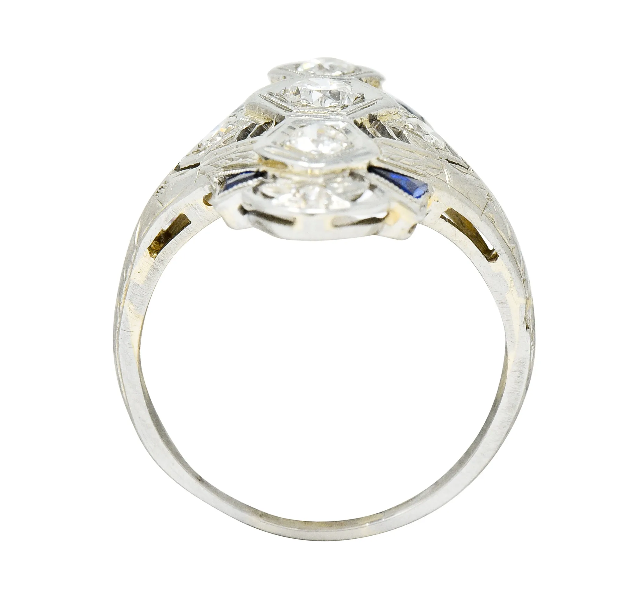 Art Deco 0.67 CTW Diamond Sapphire 18 Karat White Gold Dinner Ring