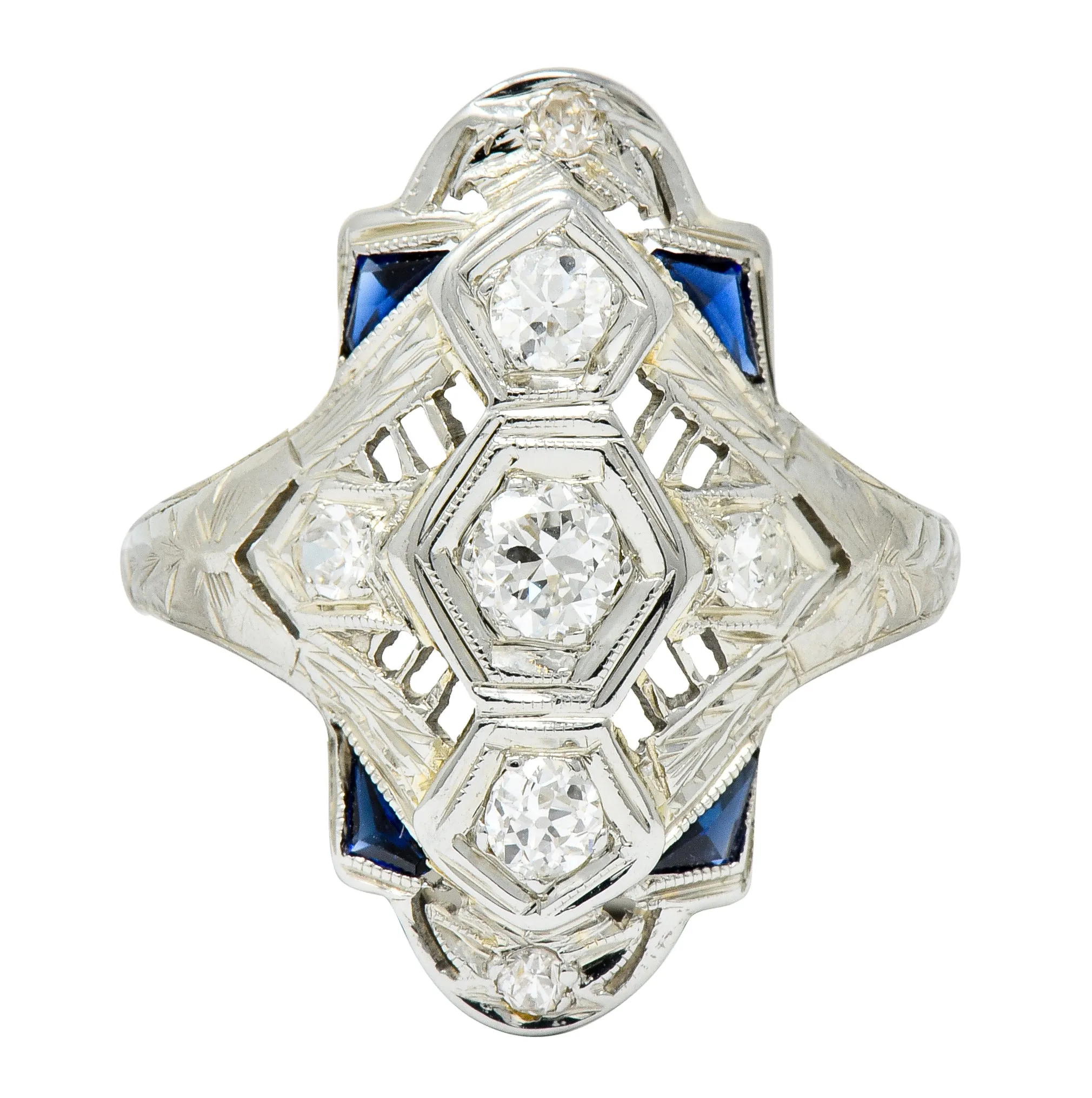 Art Deco 0.67 CTW Diamond Sapphire 18 Karat White Gold Dinner Ring