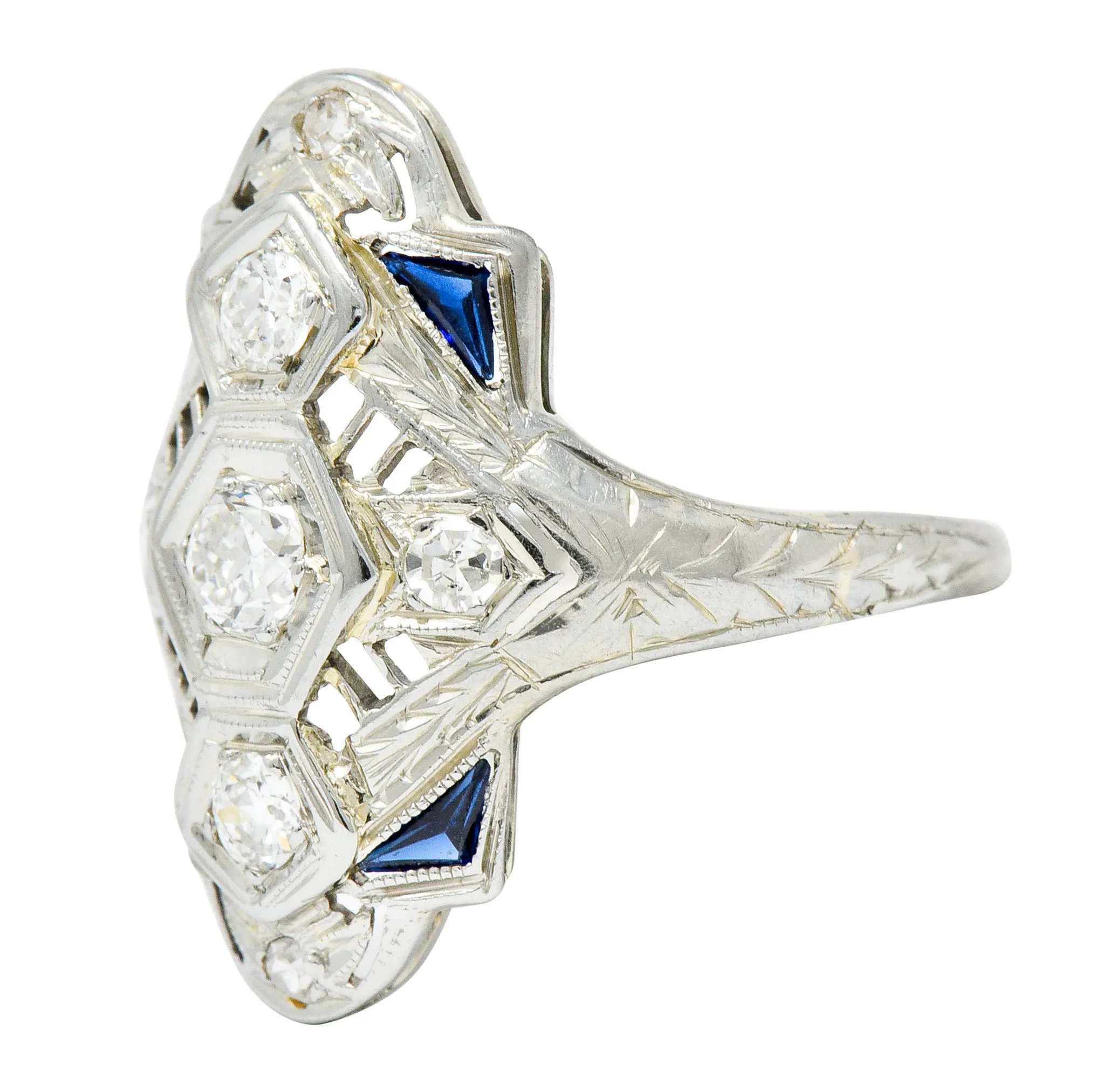 Art Deco 0.67 CTW Diamond Sapphire 18 Karat White Gold Dinner Ring