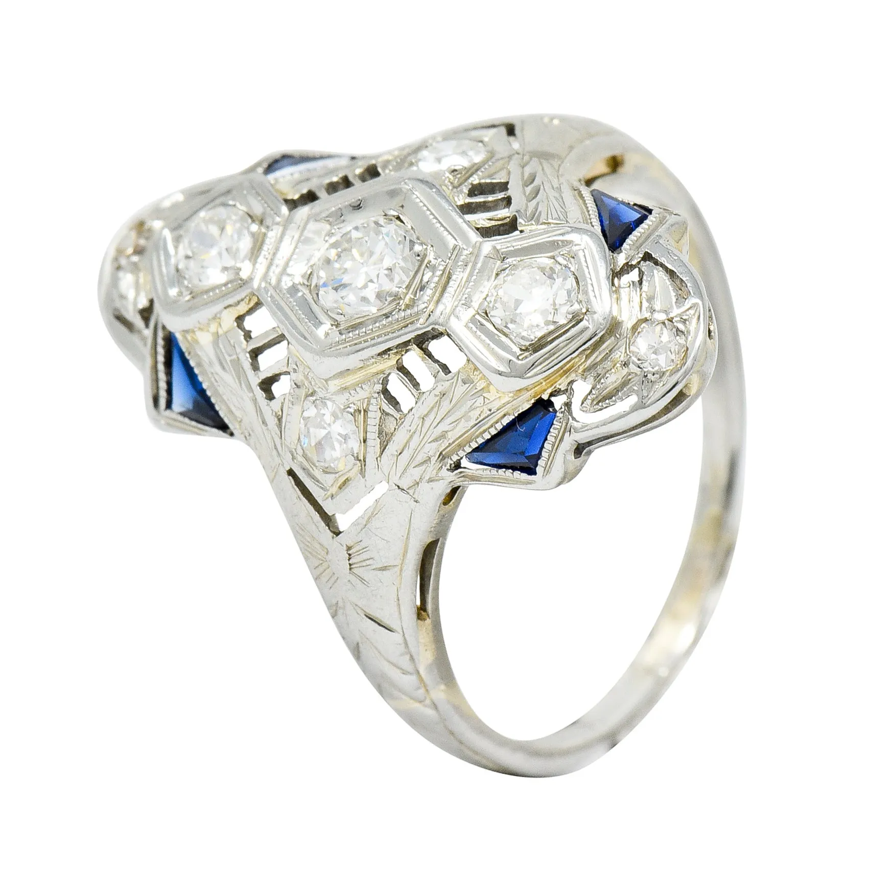 Art Deco 0.67 CTW Diamond Sapphire 18 Karat White Gold Dinner Ring