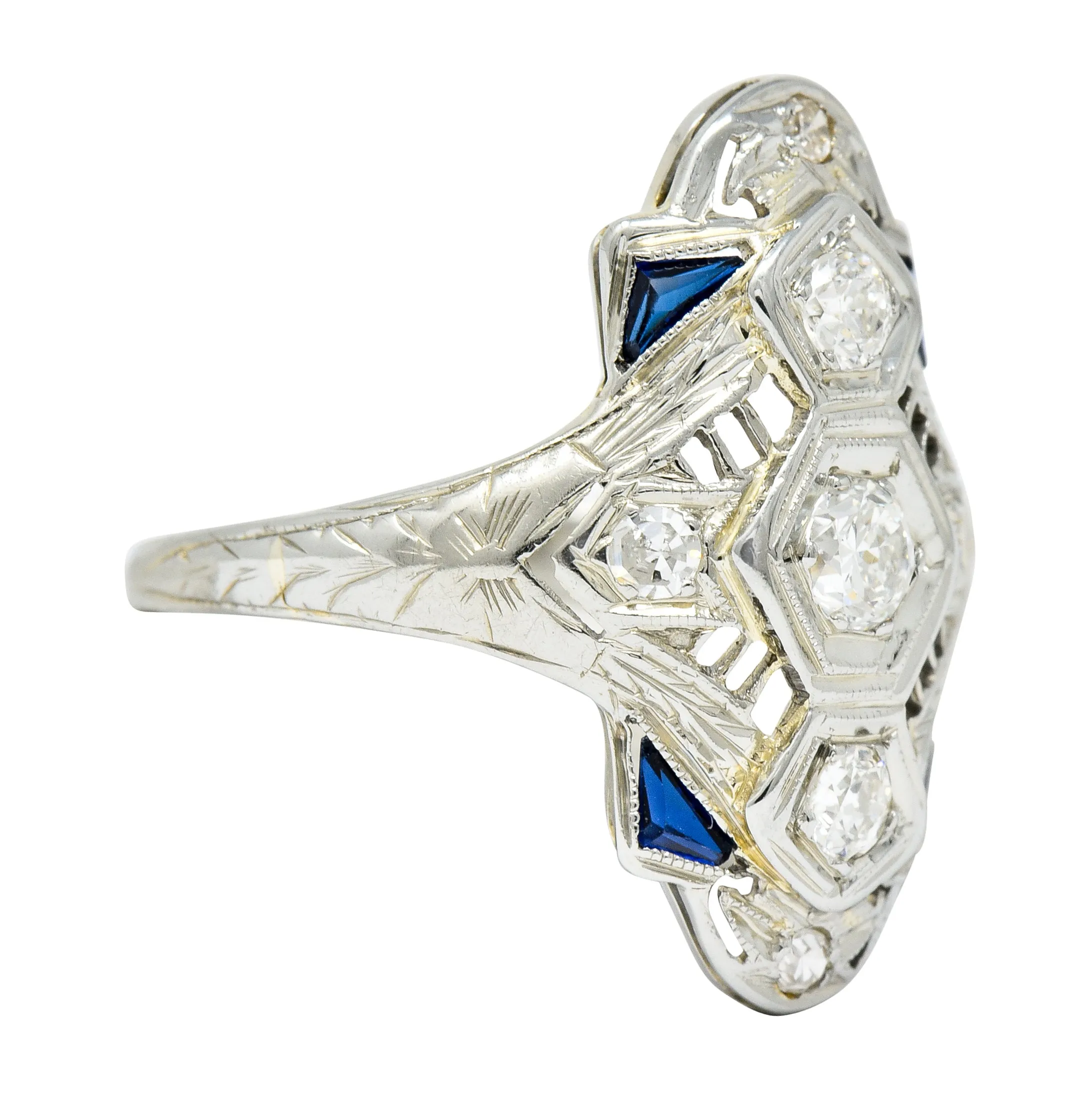Art Deco 0.67 CTW Diamond Sapphire 18 Karat White Gold Dinner Ring