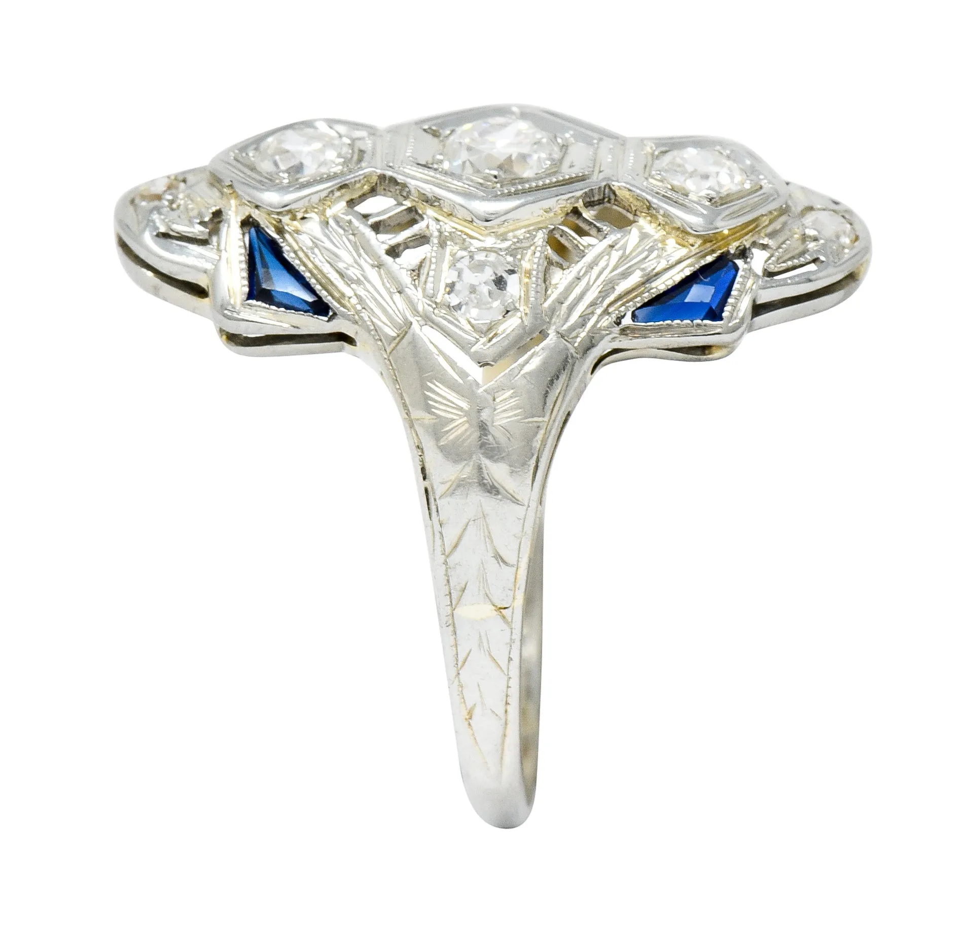 Art Deco 0.67 CTW Diamond Sapphire 18 Karat White Gold Dinner Ring