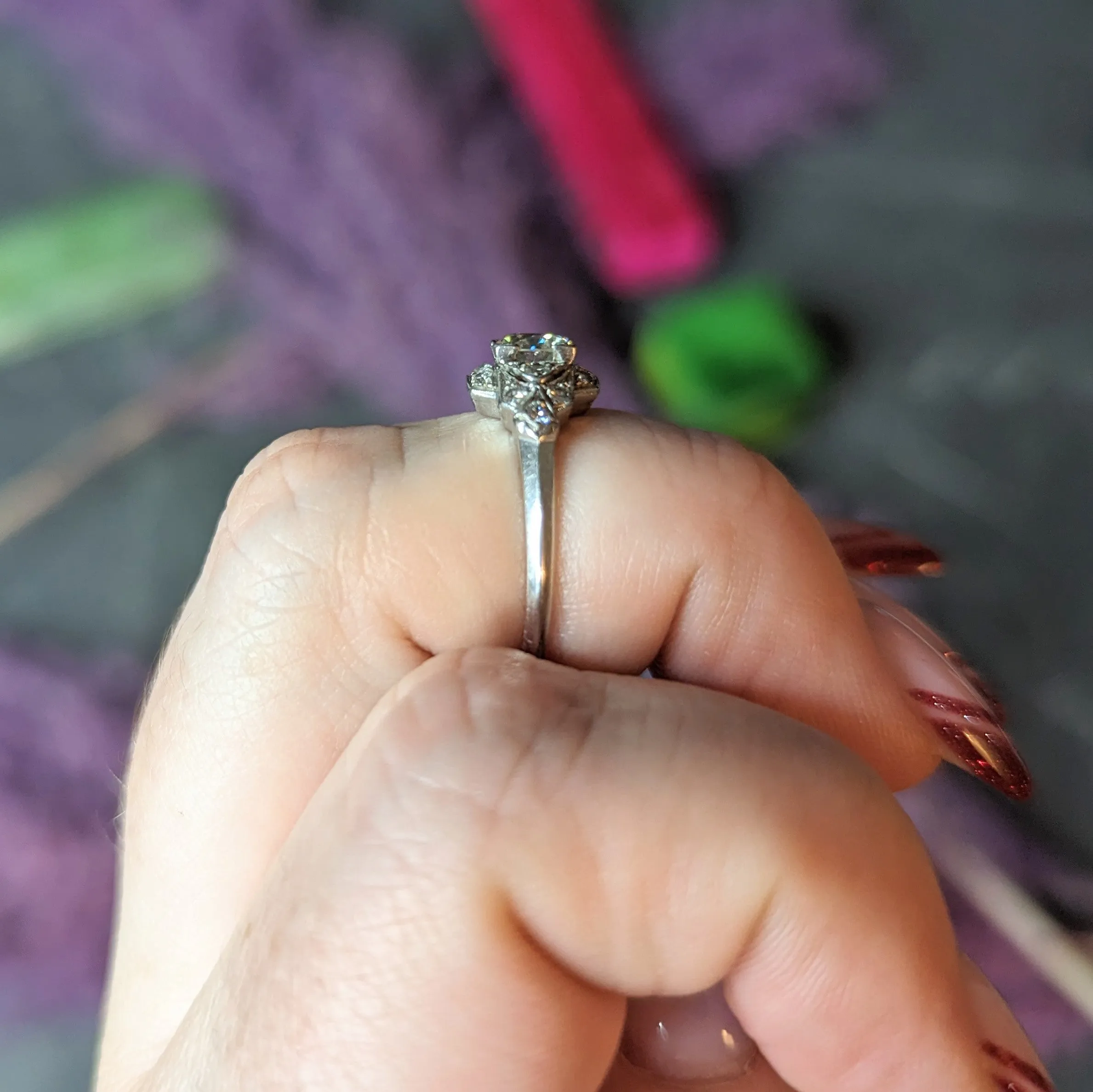 Art Deco 0.76 CTW Old European Cut Diamond Platinum Engagement Ring