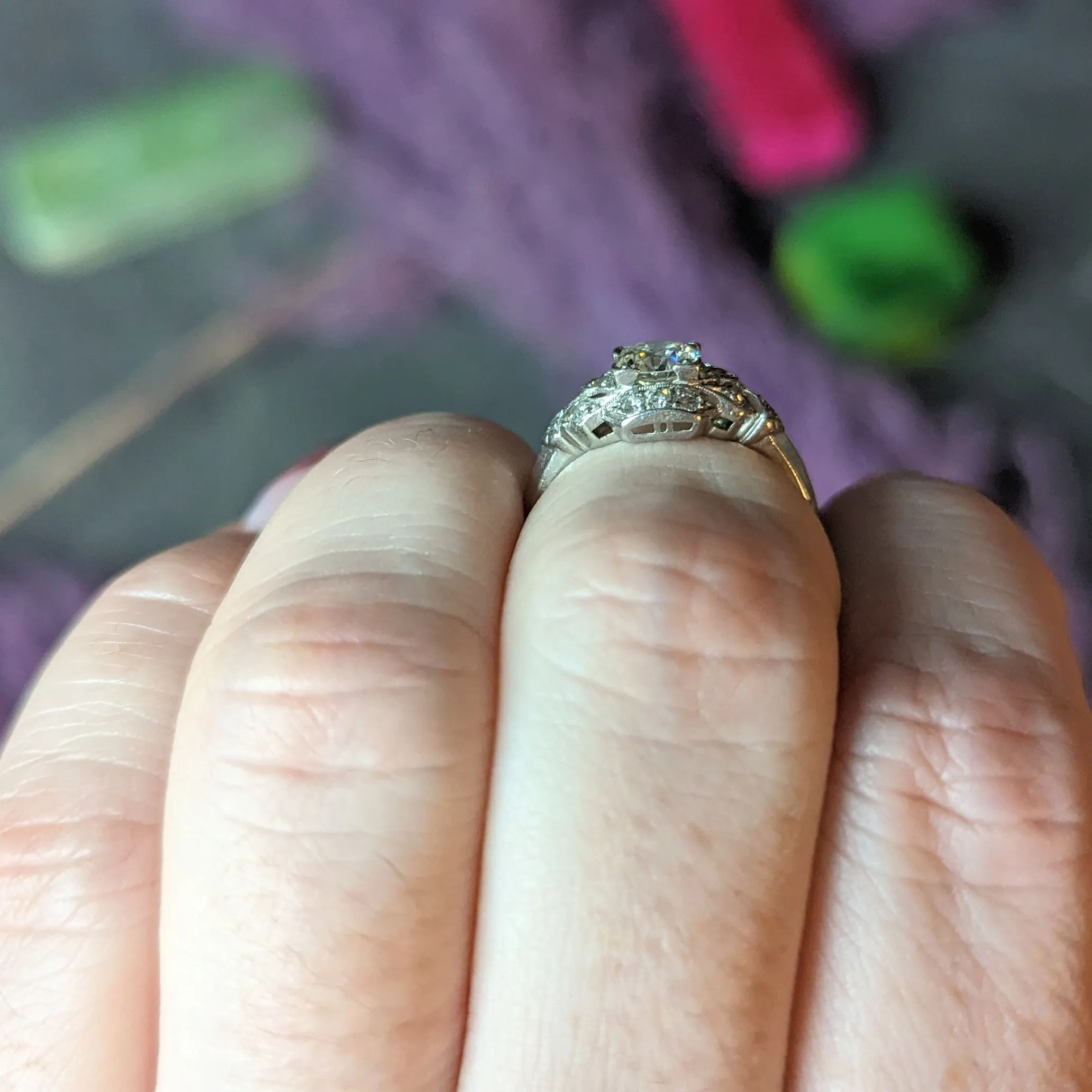 Art Deco 0.76 CTW Old European Cut Diamond Platinum Engagement Ring
