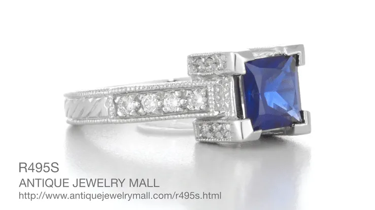 Art Deco 1 Carat Princess Cut Blue Sapphire and Diamond Engagement Ring in Platinum