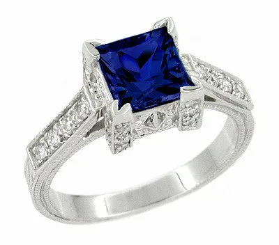 Art Deco 1 Carat Princess Cut Blue Sapphire and Diamond Engagement Ring in Platinum