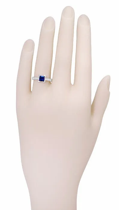 Art Deco 1 Carat Princess Cut Blue Sapphire and Diamond Engagement Ring in Platinum