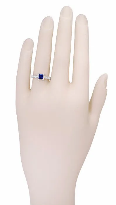 Art Deco 1/2 Carat Square Princess Cut Sapphire and Diamond Engagement Ring in 18 Karat White Gold