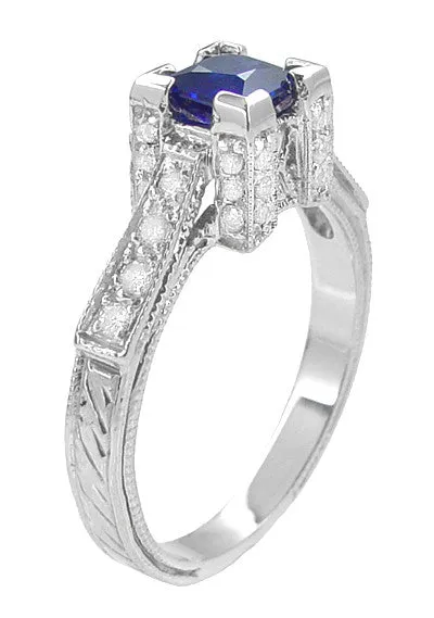 Art Deco 1/2 Carat Square Princess Cut Sapphire and Diamond Engagement Ring in 18 Karat White Gold