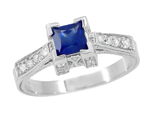 Art Deco 1/2 Carat Square Princess Cut Sapphire and Diamond Engagement Ring in 18 Karat White Gold