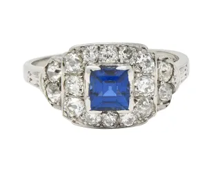 Art Deco 1.38 CTW Sapphire Diamond Platinum Vintage Cluster Ring