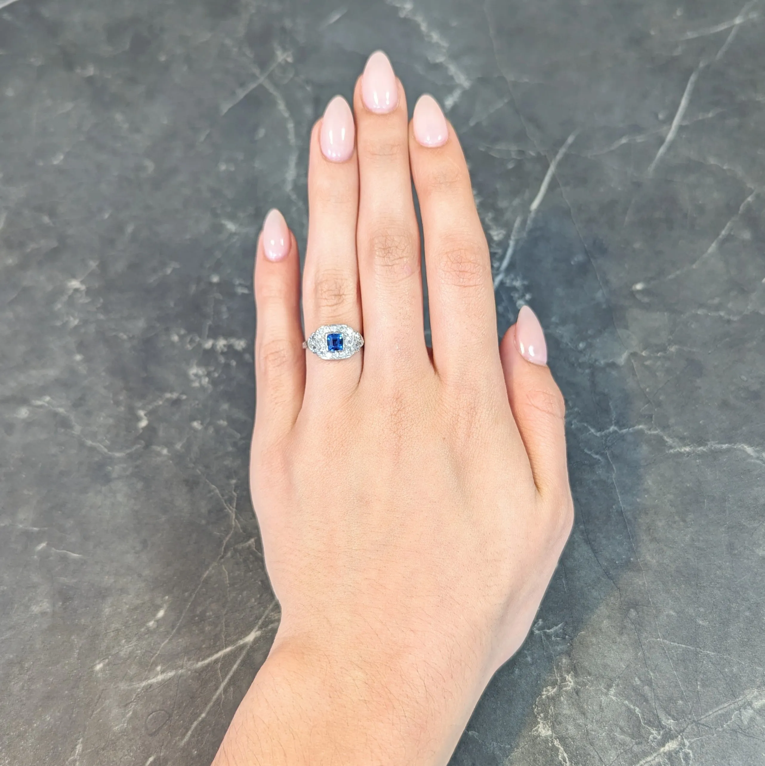 Art Deco 1.38 CTW Sapphire Diamond Platinum Vintage Cluster Ring
