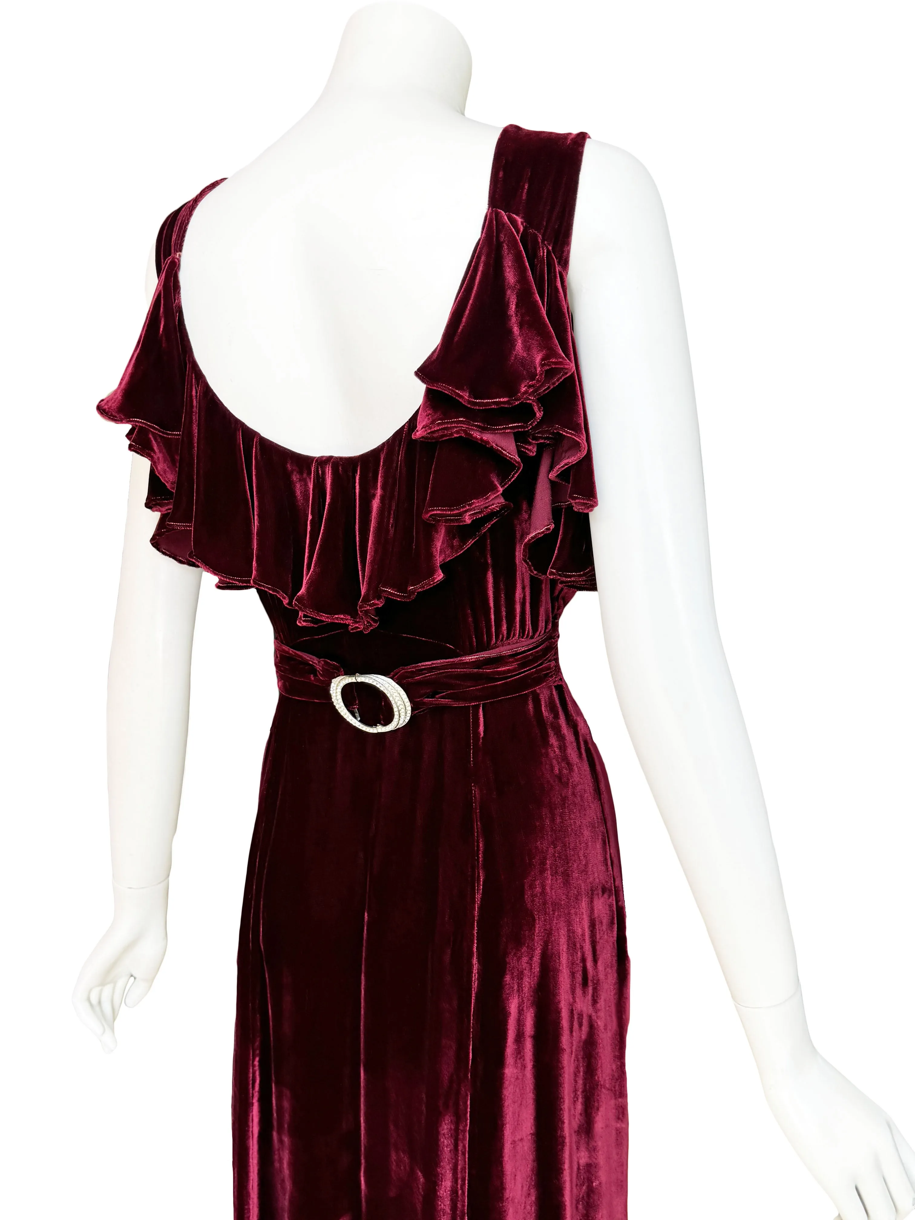 Art Deco 1930s Ruffled Velvet Maxi Dress