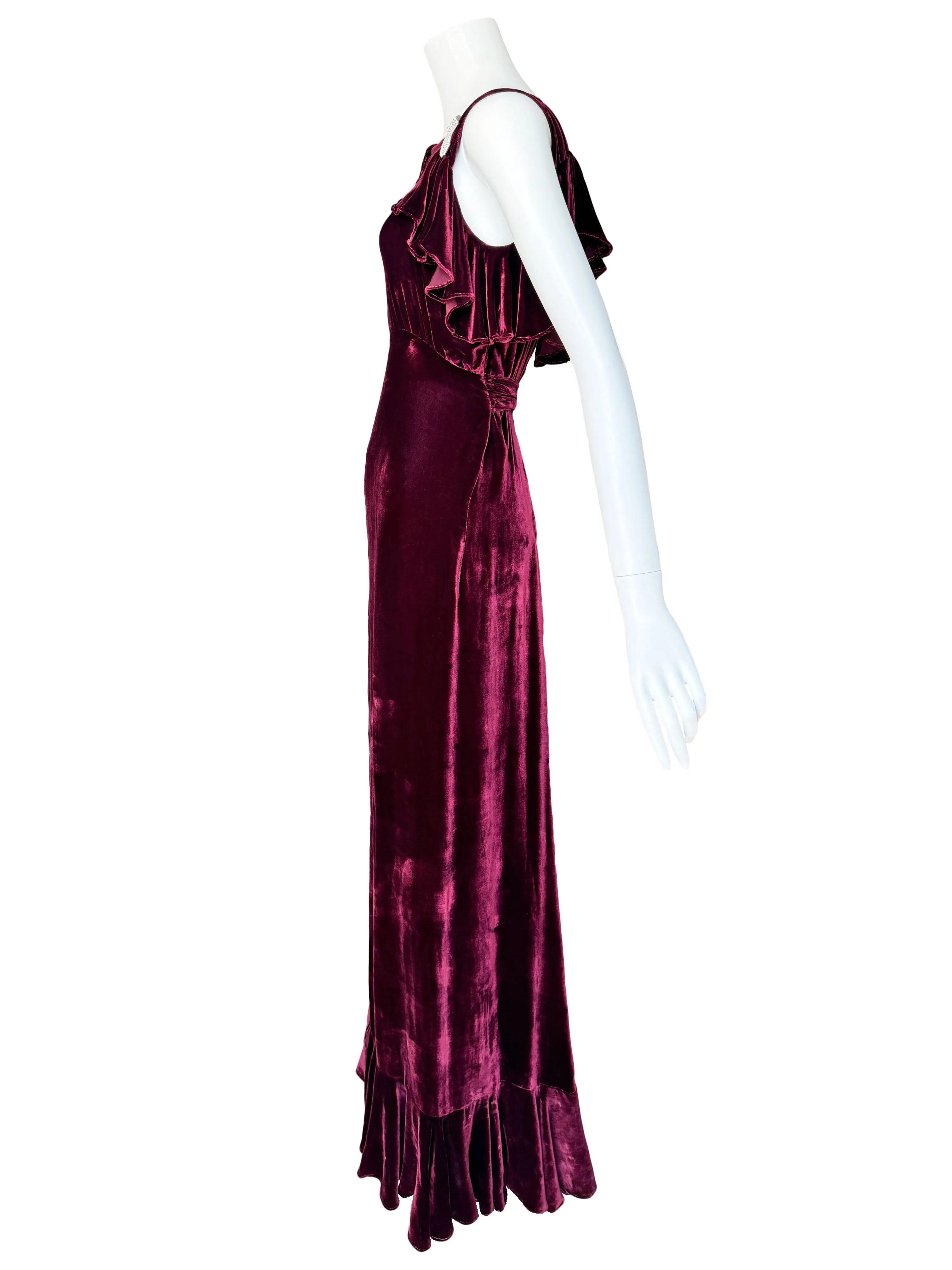 Art Deco 1930s Ruffled Velvet Maxi Dress