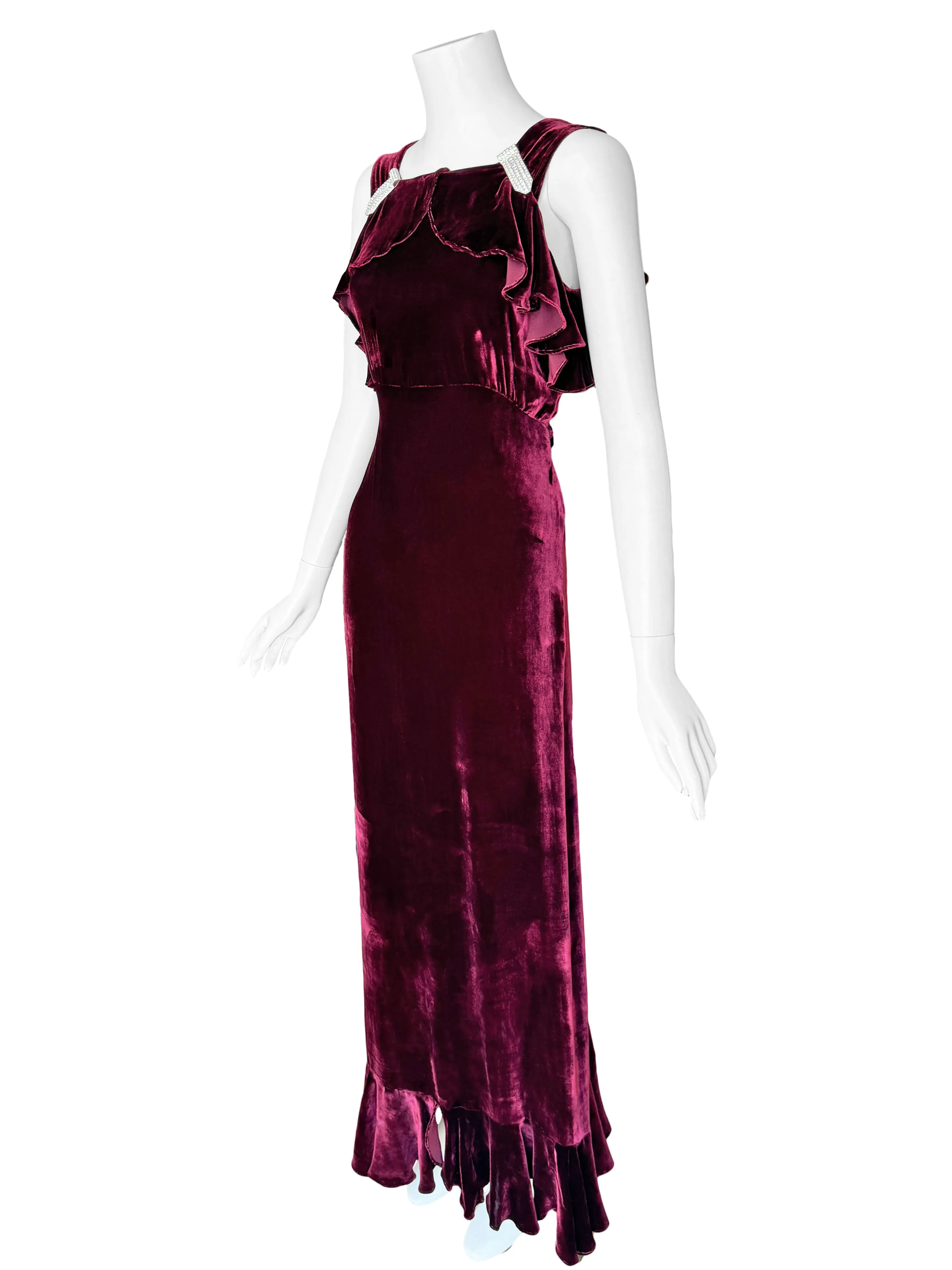 Art Deco 1930s Ruffled Velvet Maxi Dress