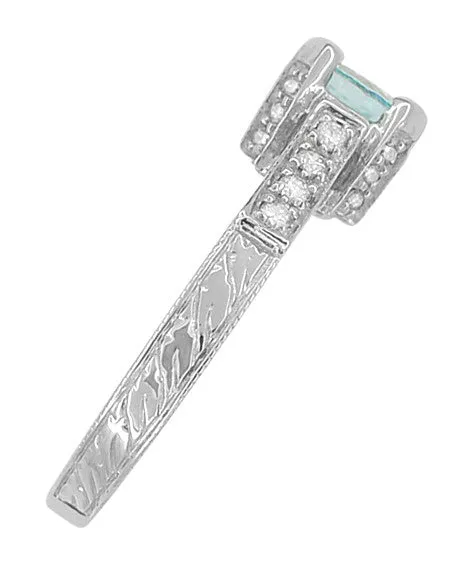 Art Deco 3/4 Carat Aquamarine Castle Engagement Ring in 18 Karat White Gold