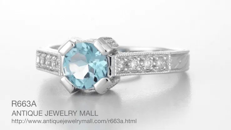 Art Deco 3/4 Carat Aquamarine Castle Engagement Ring in 18 Karat White Gold
