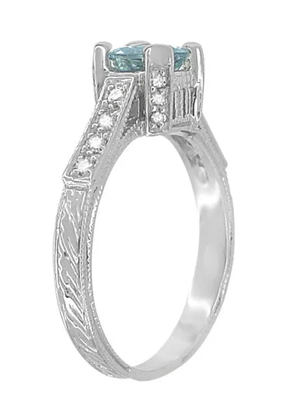 Art Deco 3/4 Carat Aquamarine Castle Engagement Ring in 18 Karat White Gold