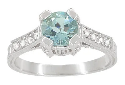 Art Deco 3/4 Carat Aquamarine Castle Engagement Ring in 18 Karat White Gold