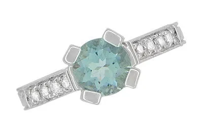 Art Deco 3/4 Carat Aquamarine Castle Engagement Ring in 18 Karat White Gold