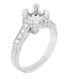 Art Deco 3/4 Carat Princess Cut Diamond Engagement Ring Castle Mounting in 18 Karat White Gold