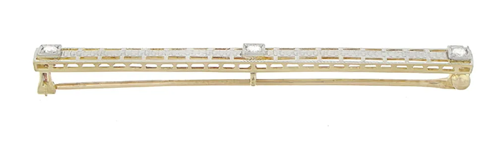 Art Deco Filigree 3 Diamond Antique Krementz Brooch in 14K Yellow Gold and Platinum