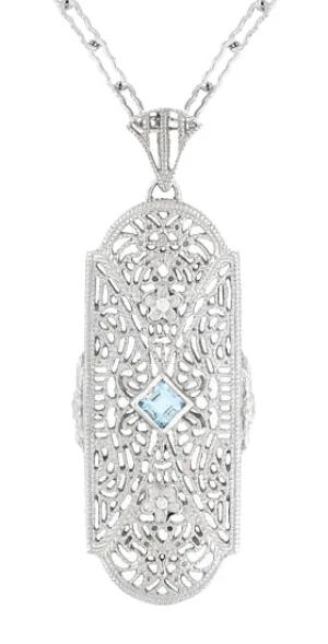 Art Deco Floral Filigree Aquamarine Pendant Necklace in Sterling Silver
