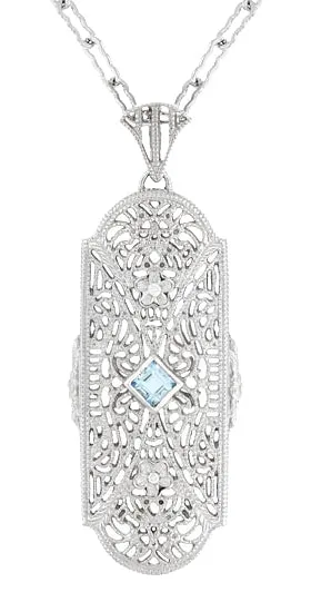 Art Deco Floral Filigree Aquamarine Pendant Necklace in Sterling Silver