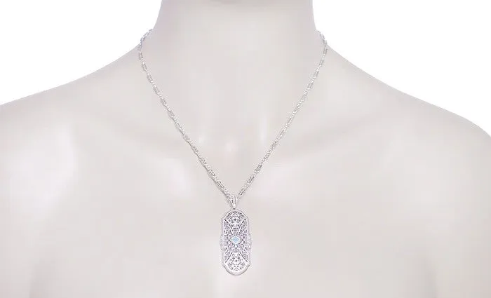 Art Deco Floral Filigree Aquamarine Pendant Necklace in Sterling Silver