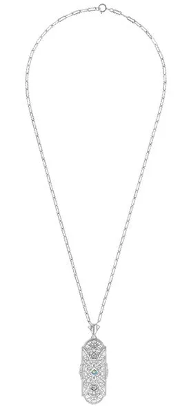 Art Deco Floral Filigree Aquamarine Pendant Necklace in Sterling Silver