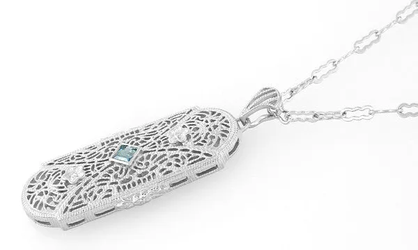 Art Deco Floral Filigree Aquamarine Pendant Necklace in Sterling Silver