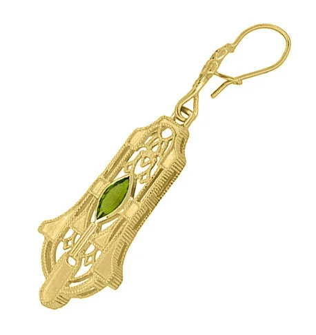 Art Deco Geometric Dangling Filigree Peridot Earrings in Sterling Silver with Yellow Gold Vermeil