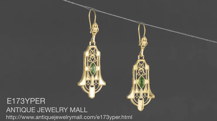 Art Deco Geometric Dangling Filigree Peridot Earrings in Sterling Silver with Yellow Gold Vermeil
