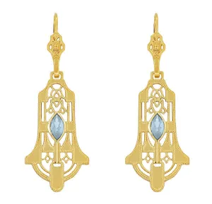 Art Deco Geometric Sky Blue Topaz Dangling Filigree Earrings in Sterling Silver with Yellow Gold Vermeil