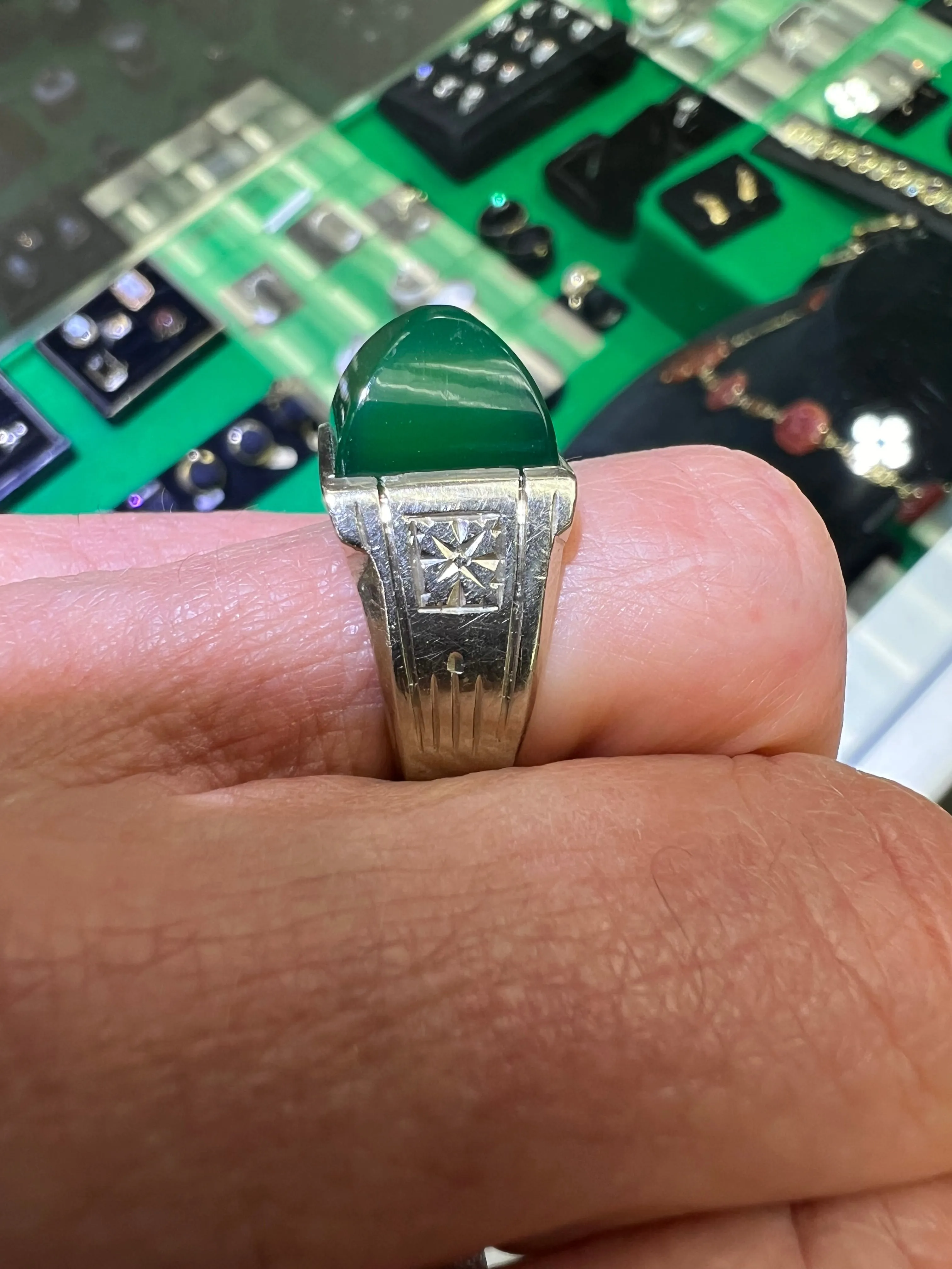 Art Deco Green Onyx White Gold Ring